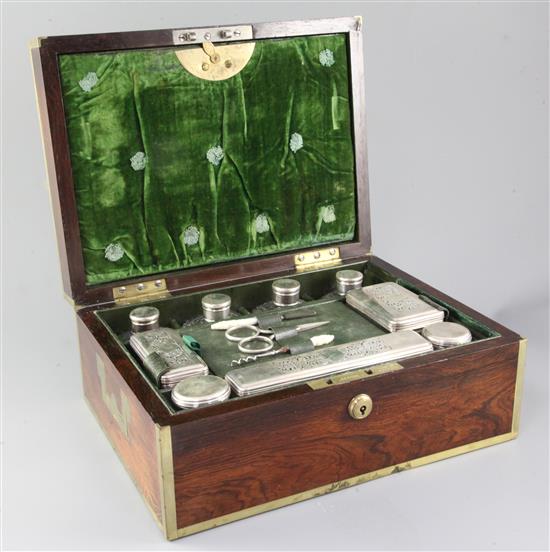 A George IV brass mounted rosewood travelling toilet box, width 12.25in.